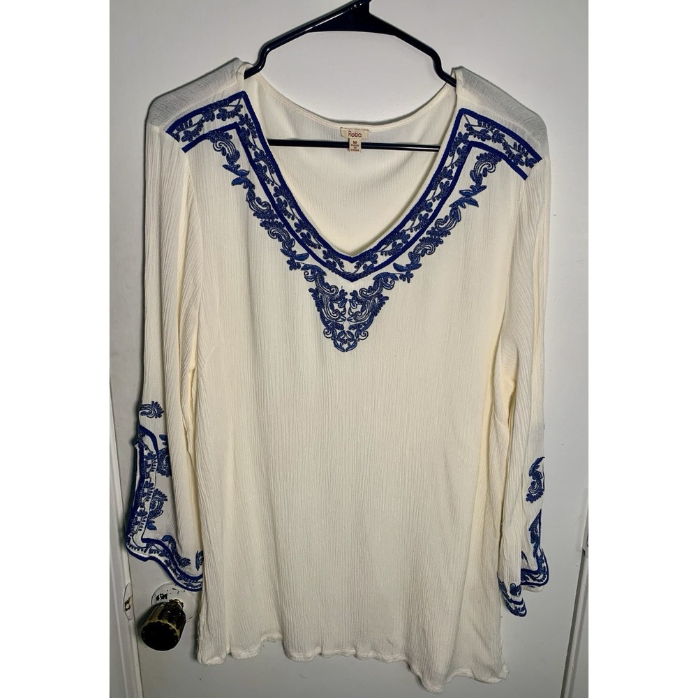 Reba White Crinkle Rayon Embroidered V-Neck Bell Sleeve Peasant Blouse Medium